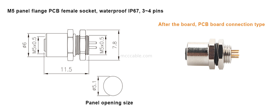 M5 Κωδικός-Α Γυναικεία σύνδεση 4Pin Panel Flange PCB Socket IP67 κυκλική διεπαφή τύπου A